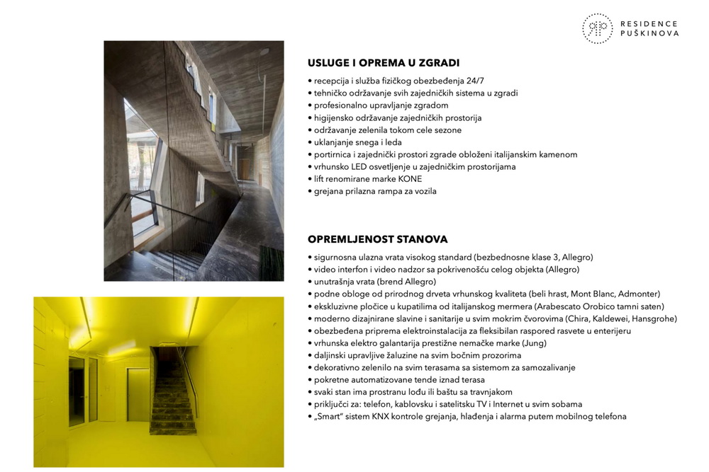 Residence Puškinova - Usluge i oprema u zgradi, opremljenost stanova
