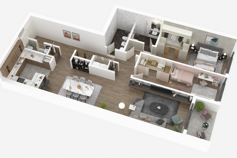 Trosoban stan, Vračar - 3D osnova stana | 2-Br apartment, Vračar - 3D floor plan