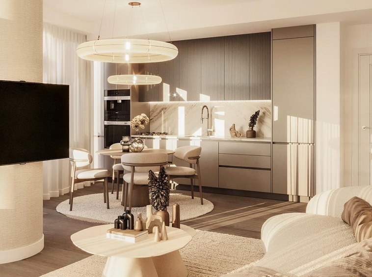 Trosoban stan, St. Regis Branded Residences - dnevna soba, trpezarija, kuhinja | 2-Br apartment, St. Regis Branded Residences - living room, dining room, kitchen