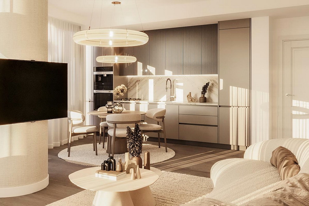 Trosoban stan, St. Regis Branded Residences - dnevna soba, trpezarija, kuhinja | 2-Br apartment, St. Regis Branded Residences - living room, dining room, kitchen